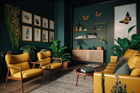 Stylish living room with brown, yellow, dark green, wooden elements, plants and butterfly specimens. Photo generative AI