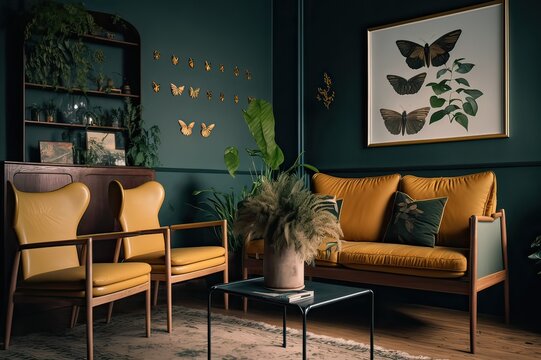 Stylish living room with brown, yellow, dark green, wooden elements, plants and butterfly specimens. Photo generative AI