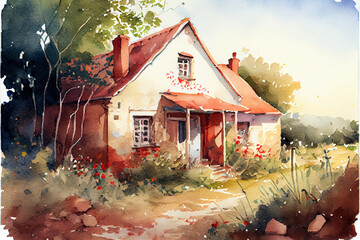 Old parental house in the village on a summer day. Watercolor landscape. Generative AI.
