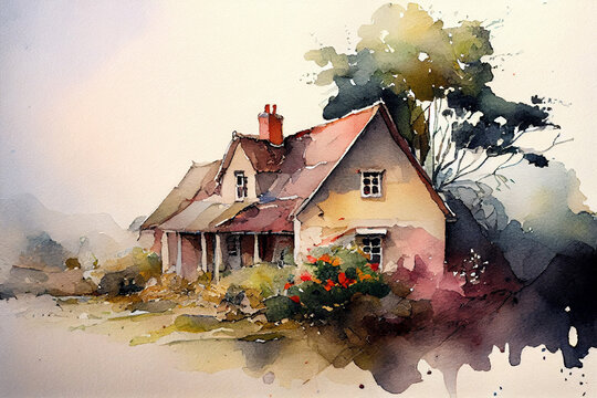 Old country house on a summer day. Watercolor landscape. Generative AI.