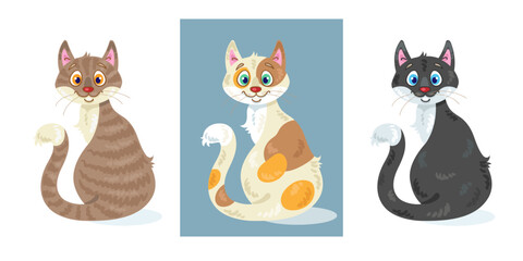 Set of three cute cats of different colors. Brown striped, white with spots and black. In cartoon style. Isolated on white background. Vector flat illustration