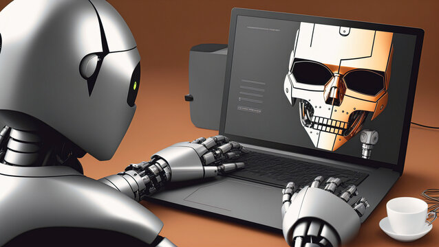 back view of a android robot sitting with cup of coffee at laptop with vedeo call to another skull roboter, generative Ai