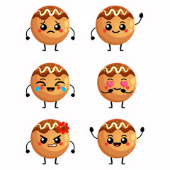 Vector illustration of kawaii cute takoyaki set cartoon flat design characters. Emoticon, mascot, character of takoyaki japanese snack food, isolated object on white background. Icon set template.