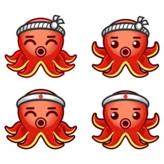 Fotobehang Vector flat design cartoon takoyaki octopus characters. Cute mochi mascot friendship. Set of characters for Greeting card illustration template and logo. © aldonat