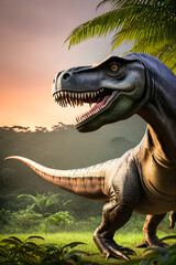 T-rex dinosaur predator in jungle , prehistoric monster animal.Generative AI