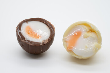 Inside of a milk and white chololate creme egg