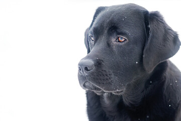 The dog is black in winter. Labrador retriever on the background of snow.