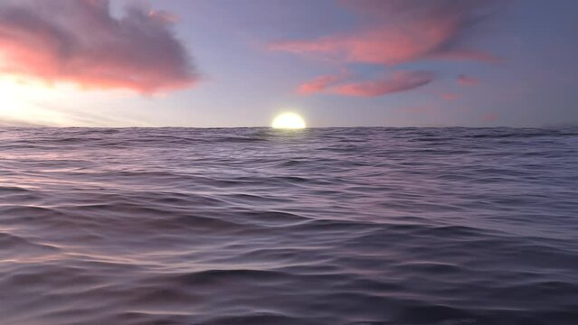 Sunset over the ocean with a green flash. Pinkish colors in the clouds. 3D render animation