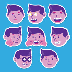 set of cartoon faces boy sticker