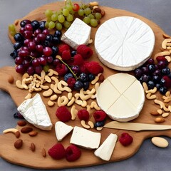 Camembert or brie french soft cheese with grapes, nuts and berries on wooden chopping board - generative ai