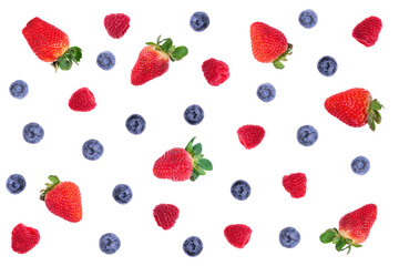 Obraz na płótnie Canvas Strawberry, raspberry and blueberry on white background, top view. Berries pattern, flat lay. Fresh strawberry, raspberry, bluberry on white background. Creative food concept