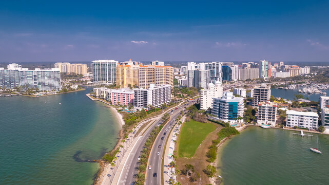 Panorama of City Sarasota FL. Beautiful beaches in Florida. Spring or summer vacations in Florida. Beautiful View on Hotels and Resorts on Island. America USA. Gulf of Mexico. Aerial travels photo.
