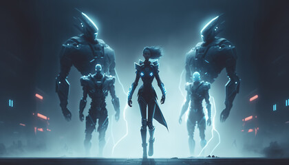 Fototapeta premium cyberpunk, team of heroes fighting invasion