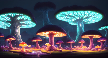 AI Digital Illustration Bioluminescent Fungi Garden