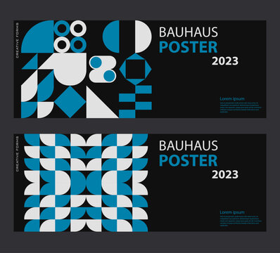 Swiss Art inspired vector graphics cards made with abstract geometric shapes and texts, useful for poster art and digital prints.