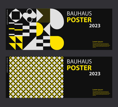 Swiss Art inspired vector graphics cards made with abstract geometric shapes and texts, useful for poster art and digital prints.