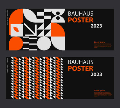 Swiss Art inspired vector graphics cards made with abstract geometric shapes and texts, useful for poster art and digital prints.