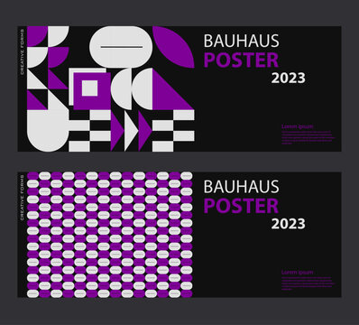 Swiss Art inspired vector graphics cards made with abstract geometric shapes and texts, useful for poster art and digital prints.