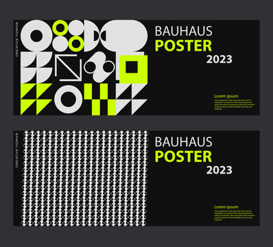 Swiss Art inspired vector graphics cards made with abstract geometric shapes and texts, useful for poster art and digital prints.