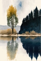 At the lake. AI-generated watercolor illustration of a lake landscape, based on contributor's own photography. MidJourney.