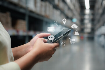 Woman using phone for online shopping and payment method campaign of cashless society with icons.