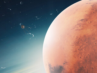 Satellite one flying around the Mars planet of solar system in outer space. 3D rendered illustration. Elements of this image where furnished by NASA