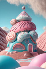 Magic house in candyland. A lot of sweets. Vertical illustration. AI generative.