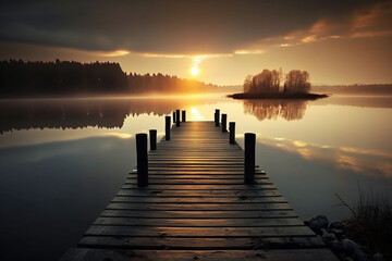 Peaceful sunrise in the lake with jetty generative AI - obrazy, fototapety, plakaty