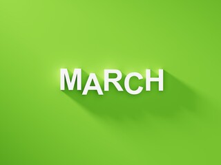 March text word on green background with soft shadows, calendar background	