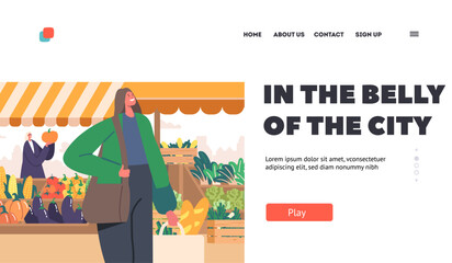 Farmer City Market Landing Page Template. Busy And Bustling Market Represents A Hub Of Food Commerce Vector Illustration