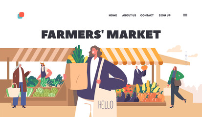 Farmer's Market Landing Page Template. Characters Browsing Stalls with Fresh Food Products, Vegetable, Greenery Goods
