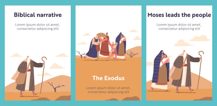 Cartoon Banners With Moses Guides Israelites Through Desert, Character With Staff In Hand Leads People To Promised Land