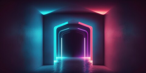 Neon Tunnel Corridor With Blue and Pink Lights Background. Generative AI.