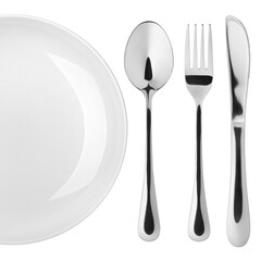 Empty plate, Spoon, fork, knife, clipping path, white background, isolated, top view