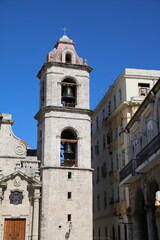 Fototapeta na wymiar Tower of Cathedral of San Cristóbal at Plaza de la Catedral in Havana, Cuba Caribbean