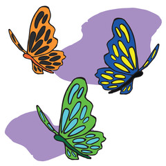 Art of Colorful Butterflies Grouped with Purple Spots on White Background. Beautiful spring art with
great color contrast.