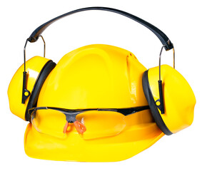 Helmet, hearing protection and safety glasses for construction workers on an isolated background.