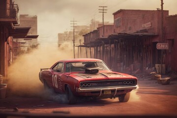 A Red-hot Brazen Charger Pans a Dusty Town Generative AI