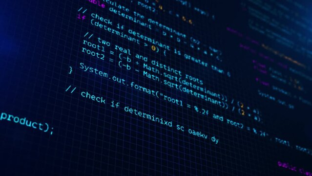 Developer working on program code. Hack or protection data. Website scripts digits and commands at computer screen. Modern hi-tech software development and blockchain concept. 3D technology background