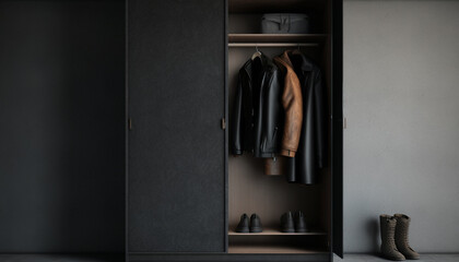 minimal closet with wardrobe, empty concrete wall with leather man clothes and shoes, Generative AI
