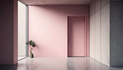 Fototapeta na wymiar Contemporary lobby interior, empty hotel corridor, pink and gray wall, Generative AI