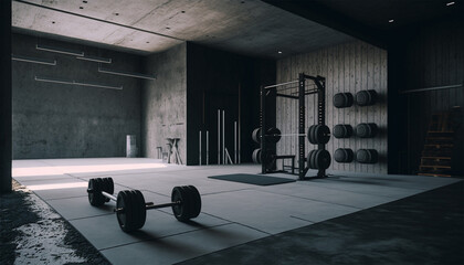 Modern gym interior with sport and fitness equipment, fitness center inteior, inteior of crossfit and workout gym, loft, Generative AI