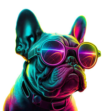 colorful french bulldog on transparent background, crazy pug dog with neon glasses, generative ai