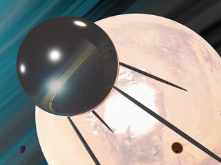 Satellite one flying out of the Mars planet of solar system in outer space. 3D rendered illustration. Elements of this image where furnished by NASA