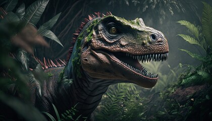 Dinosaur in the jungle. Generative AI