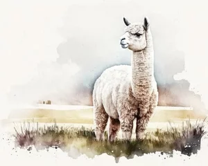 Foto auf Alu-Dibond Beautiful alpaca in the field, watercolor. Generative AI. © Iaroslava