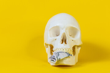 human skull with a bill of money in teeth,skeleton bone,bill of...