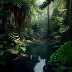 Naklejka premium tropical jungle with trees and swamp