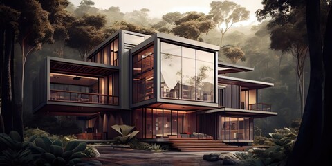 Modern house with panoramic windows on the jungle. Modern jungle house design. Modern architecture. jungle house. Generative AI.