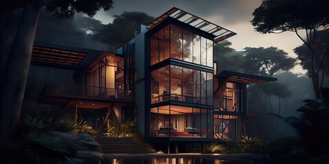 Modern house with panoramic windows on the jungle. Modern jungle house design. Modern architecture. jungle house. Generative AI.